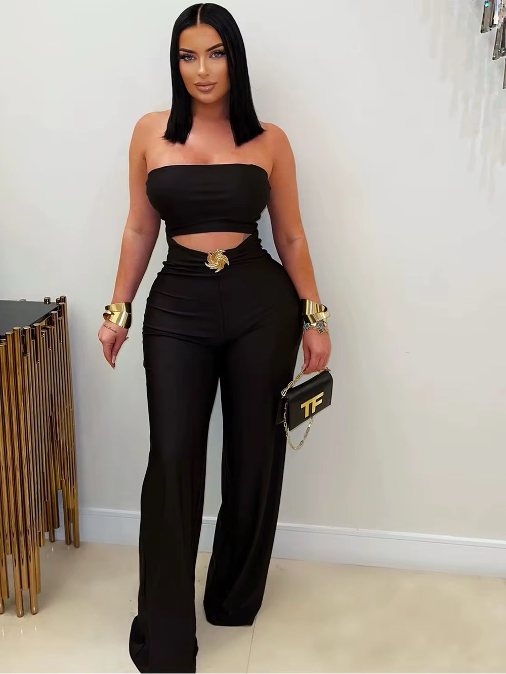 High-Waist Strapless Black Jumpsuit with Gold Accent